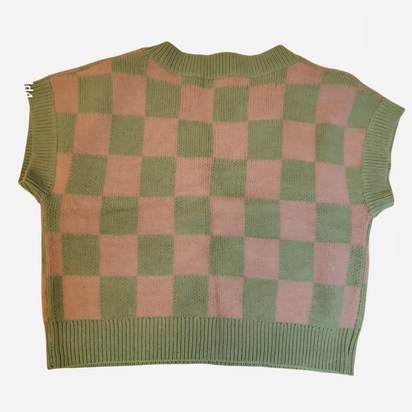 Altar'd State Pink & Light Green Checker V-Neck Sweater Vest - Picture 5 of 6